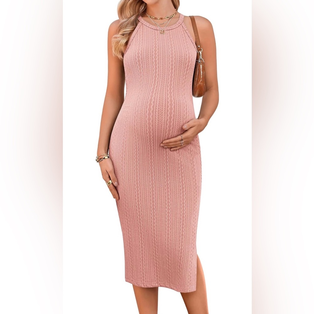 Ekouaer Pink Ribbed Halter Maternity Midi Dress